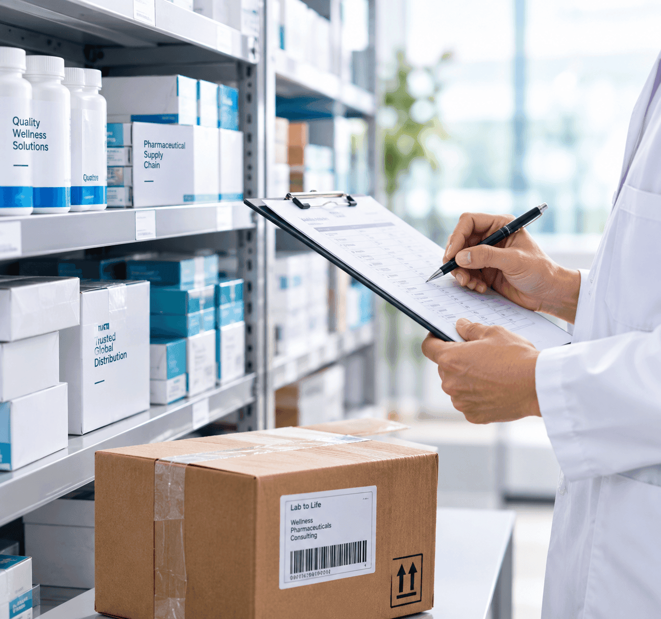 Tidy labelled pharmaceutical supply shelf and organised inventory